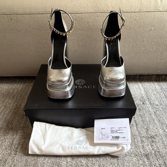 Versace Shoes - Versace Silver Leather Platform Ankle Strap Square Toe Block Heel Pumps 9.5